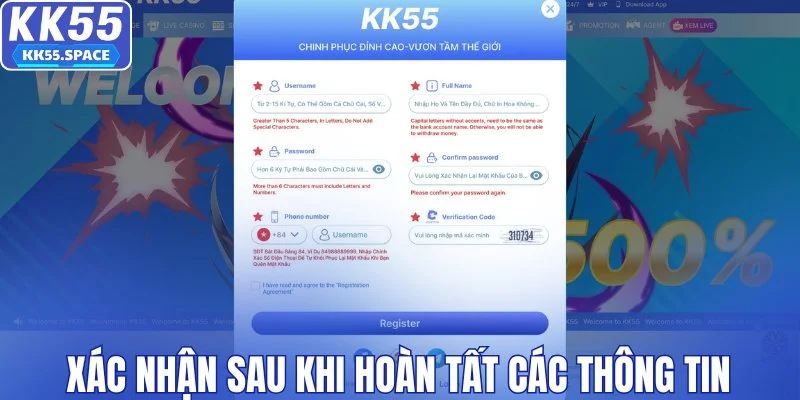 Xác nhận sau khi hoàn tất các thông tin
